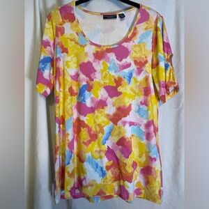 NWOT Susan Graver Weekend Pink Yellow Blue MultiColor Abstract Tee Shirt Size XS